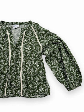 m. MIRA Green Floral Boho Peasant Blouse with Crochet Lace Size L